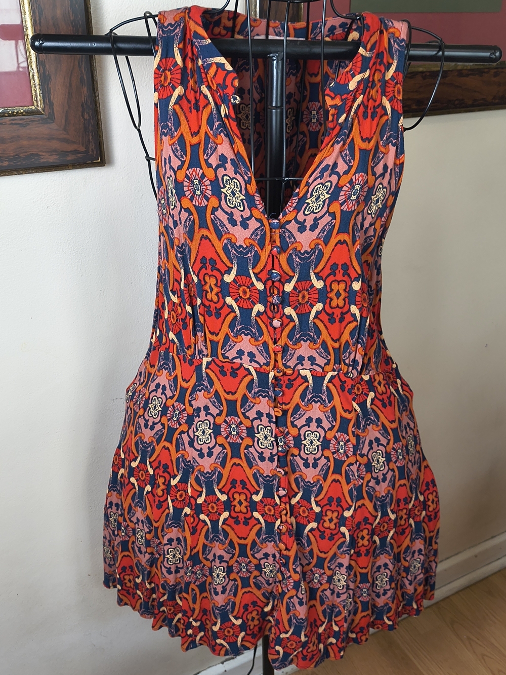 Button front red and blue boho sleeveless mini dress - Picture 2 of 11